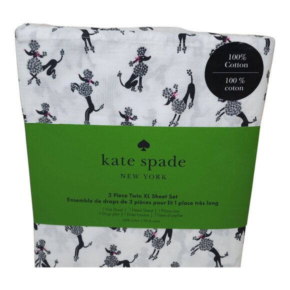 Kate Spade New York 3 Piece Twin XL Sheet Set Dancing Poodles Cotton Black White - Picture 2 of 9
